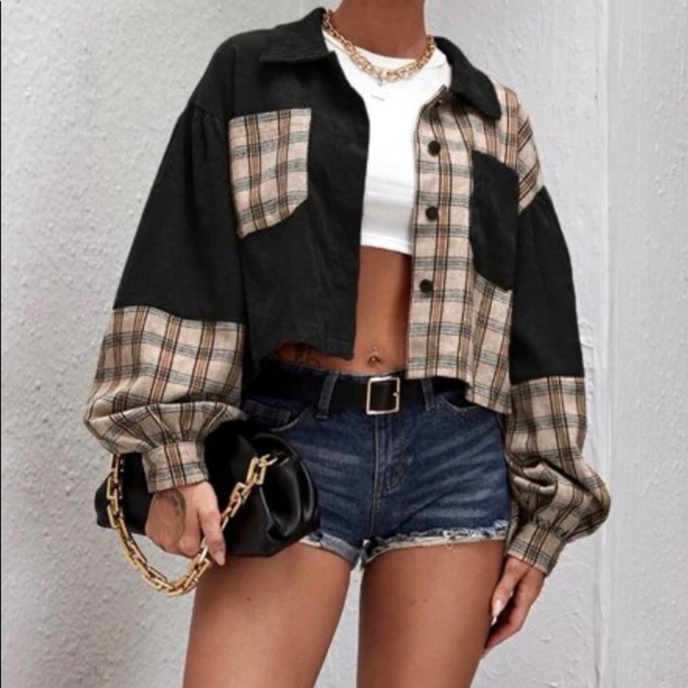 Corduroy Jacket, Cropped Plaid Patchwork Coat, Puffy Long Sleeve Button Down Top - Picture 4 of 5